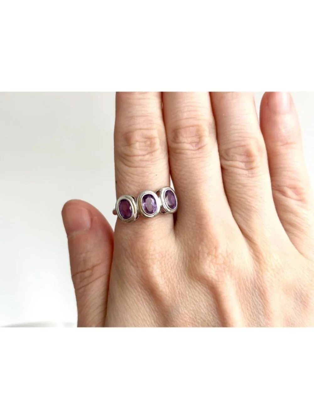 Triple Amethyst Gemstone Minimalist Sterling Silver 925 Vintage Ring - sz 8